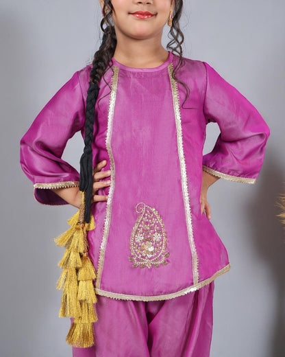 Tito Patito Girls’ 3-Piece Art Silk Suit – Semi Tulip Pant, Handwork & Lace