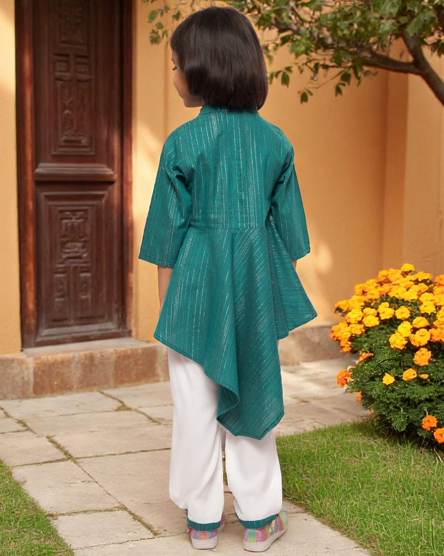 Asymmetrical Top With White Pajama- 2 pcs Set