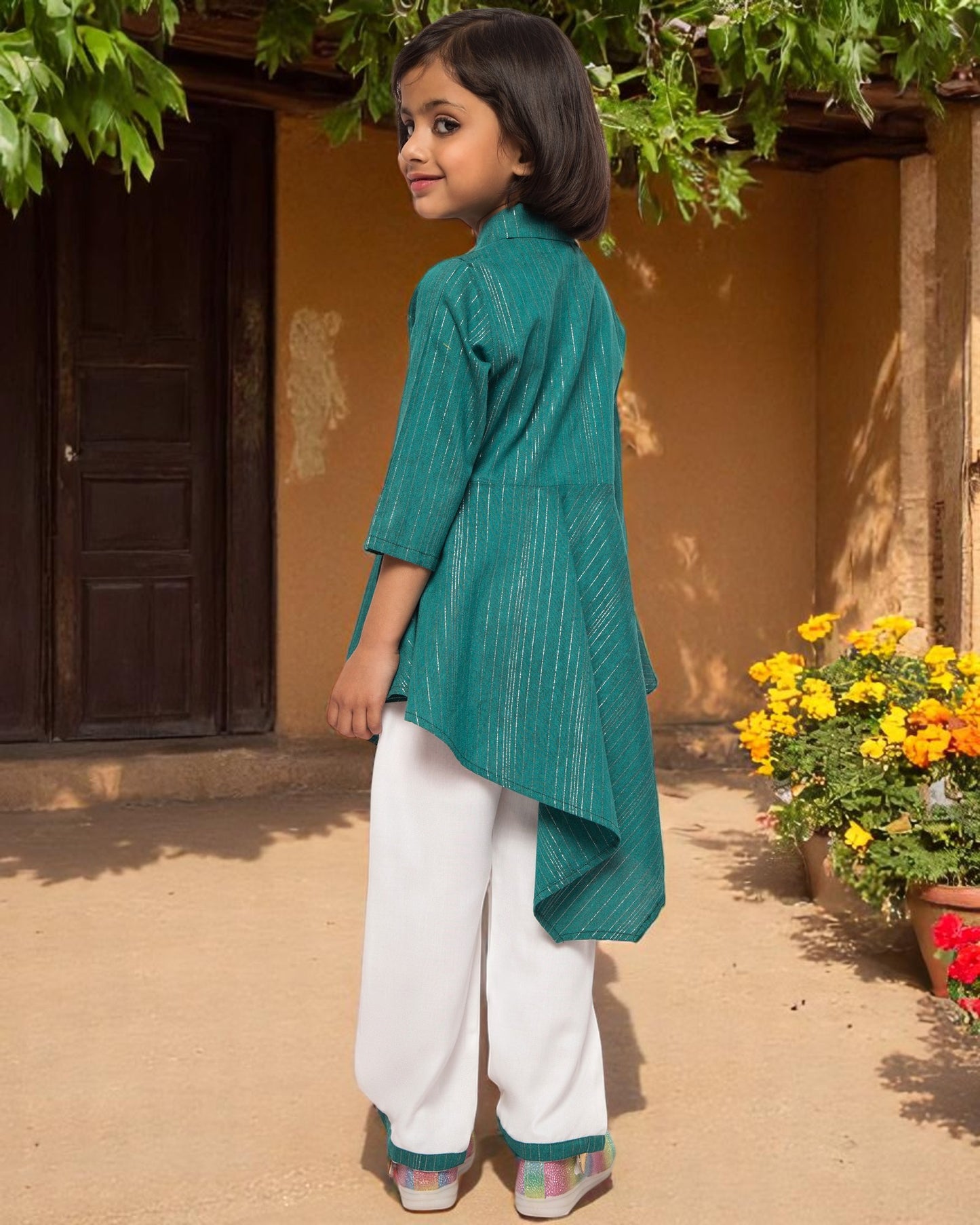 Asymmetrical Top With White Pajama- 2 pcs Set