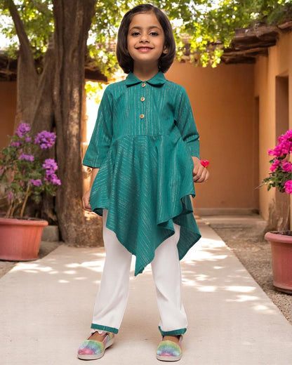 Asymmetrical Top With White Pajama- 2 pcs Set