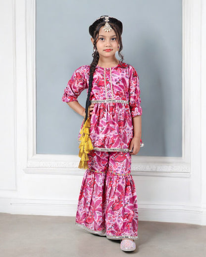 Tito Patito Girls’ Chinon Co-ord Set – Digital Print, Lace, Designer Sharara