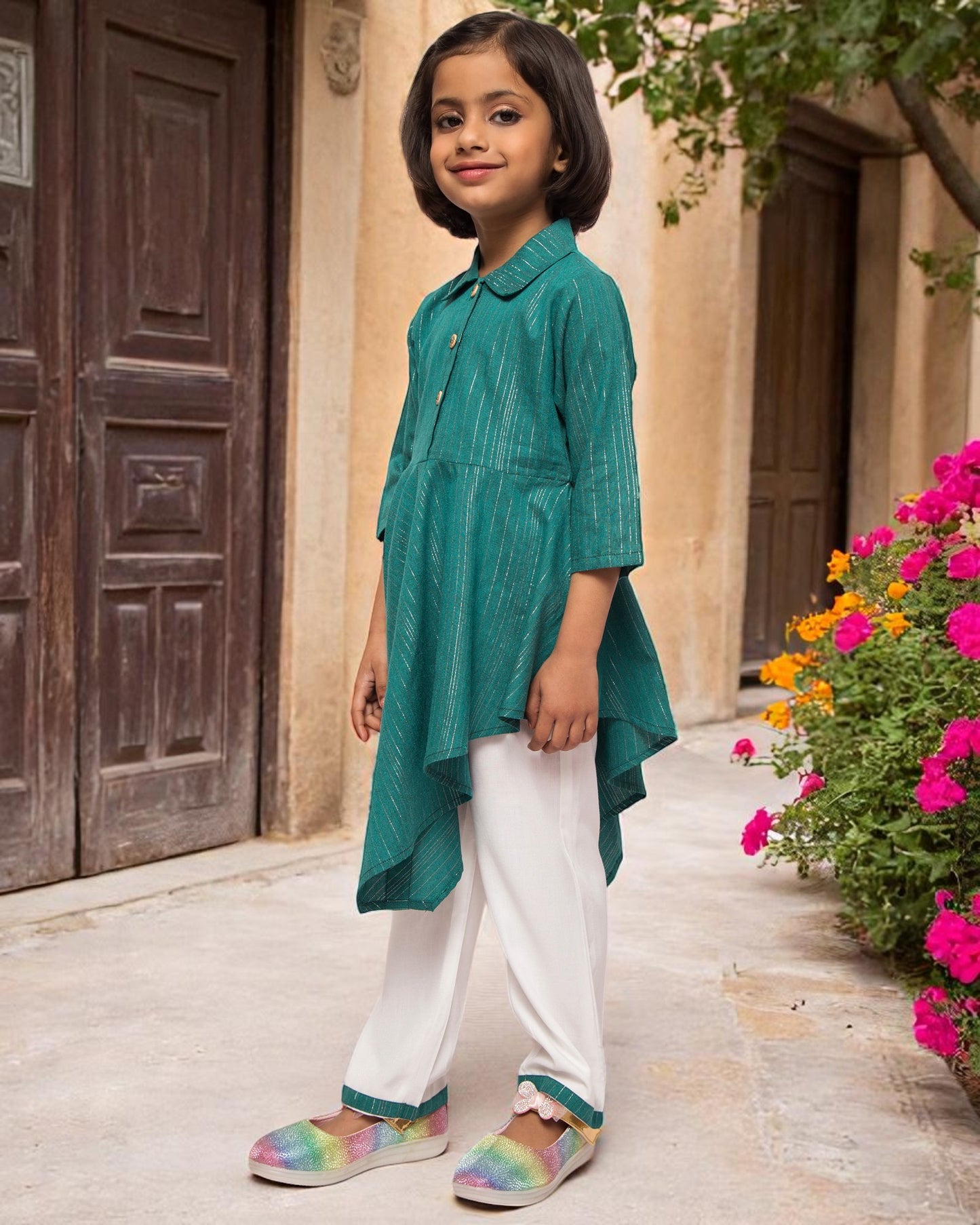 Asymmetrical Top With White Pajama- 2 pcs Set