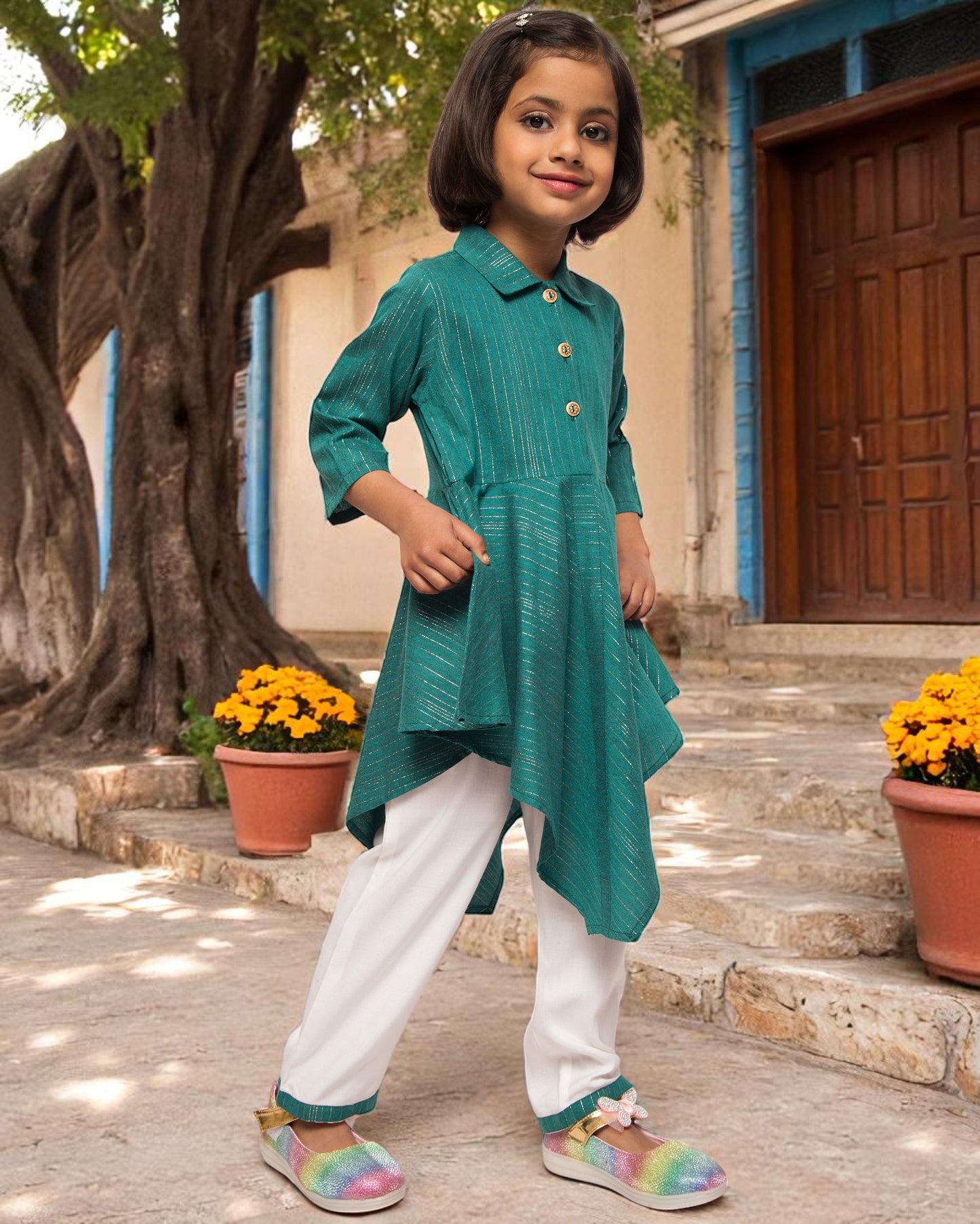 Asymmetrical Top With White Pajama- 2 pcs Set
