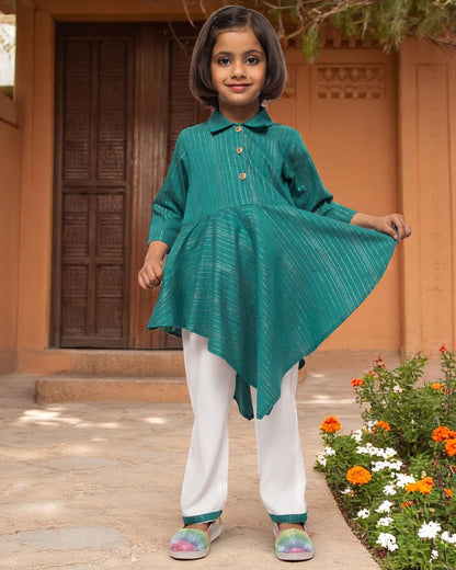 Asymmetrical Top With White Pajama- 2 pcs Set