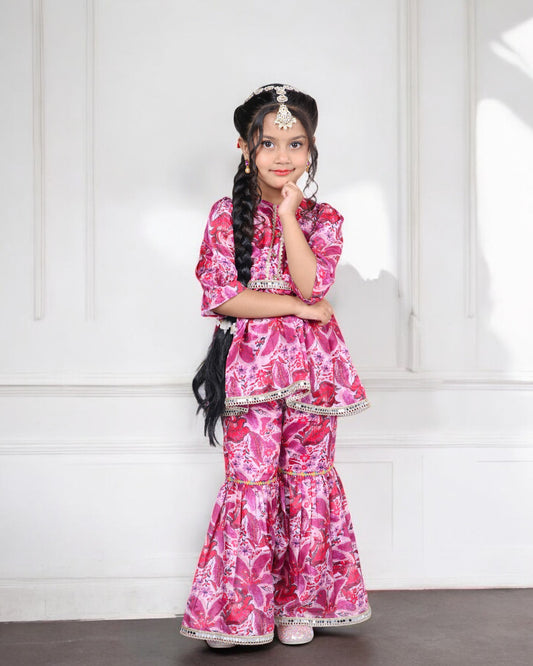 Tito Patito Girls’ Chinon Co-ord Set – Digital Print, Lace, Designer Sharara