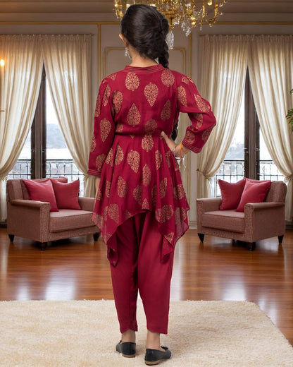 Two Pieces Set- Dhoti Shalwar And Long Asymmetrical Top