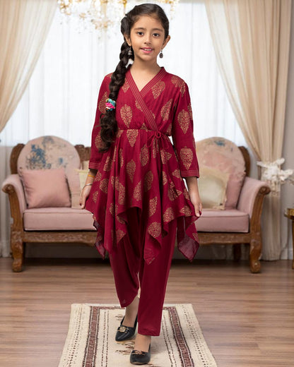 Two Pieces Set- Dhoti Shalwar And Long Asymmetrical Top