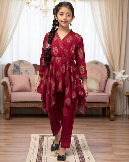 Two Pieces Set- Dhoti Shalwar And Long Asymmetrical Top
