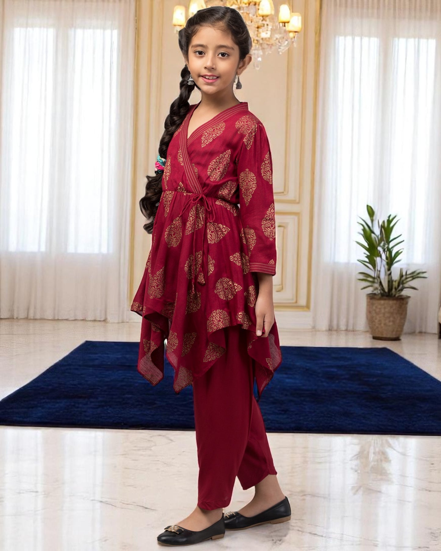 Two Pieces Set- Dhoti Shalwar And Long Asymmetrical Top