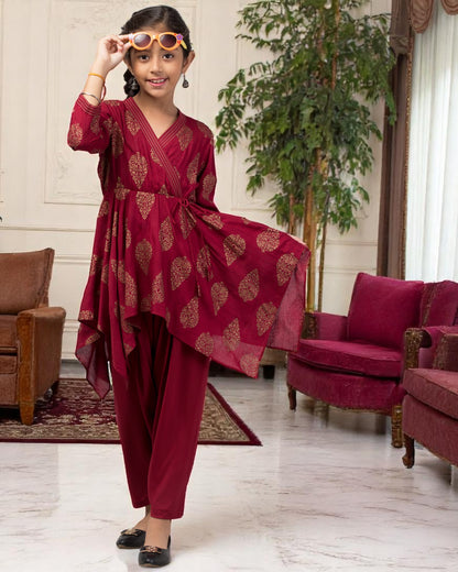 Two Pieces Set- Dhoti Shalwar And Long Asymmetrical Top