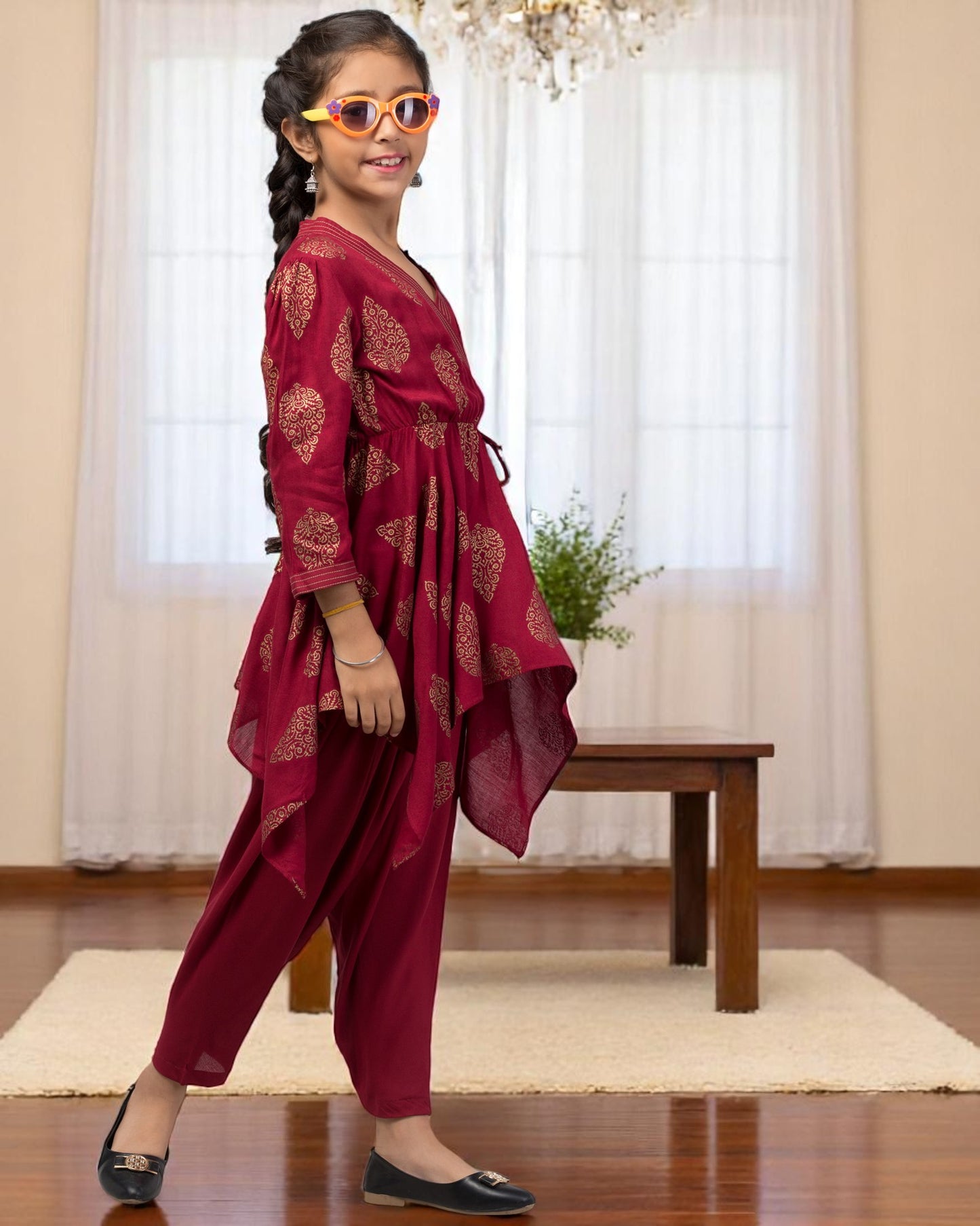 Two Pieces Set- Dhoti Shalwar And Long Asymmetrical Top