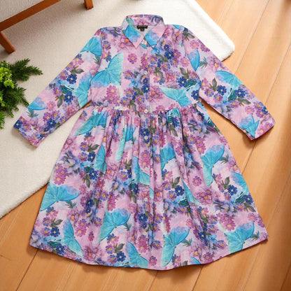 Girls' Frock with Shirt Collar in Cotton Blend Fabric