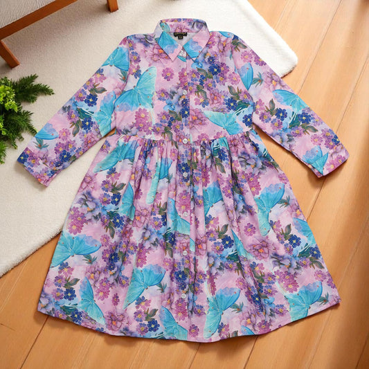 Girls' Frock with Shirt Collar in Cotton Blend Fabric