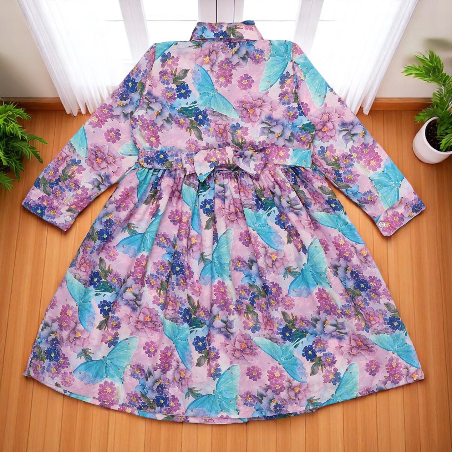 Girls' Frock with Shirt Collar in Cotton Blend Fabric
