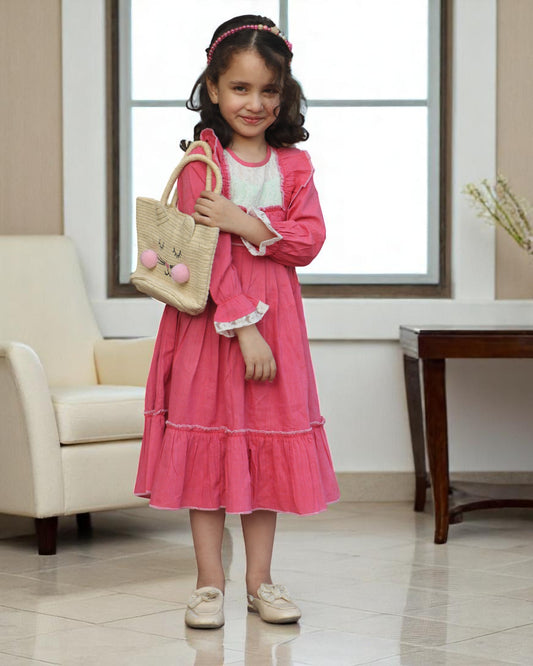 Elegant Designer Cotton Frock with Layered Hem & Bell Sleeves – Stylish and Comfortable