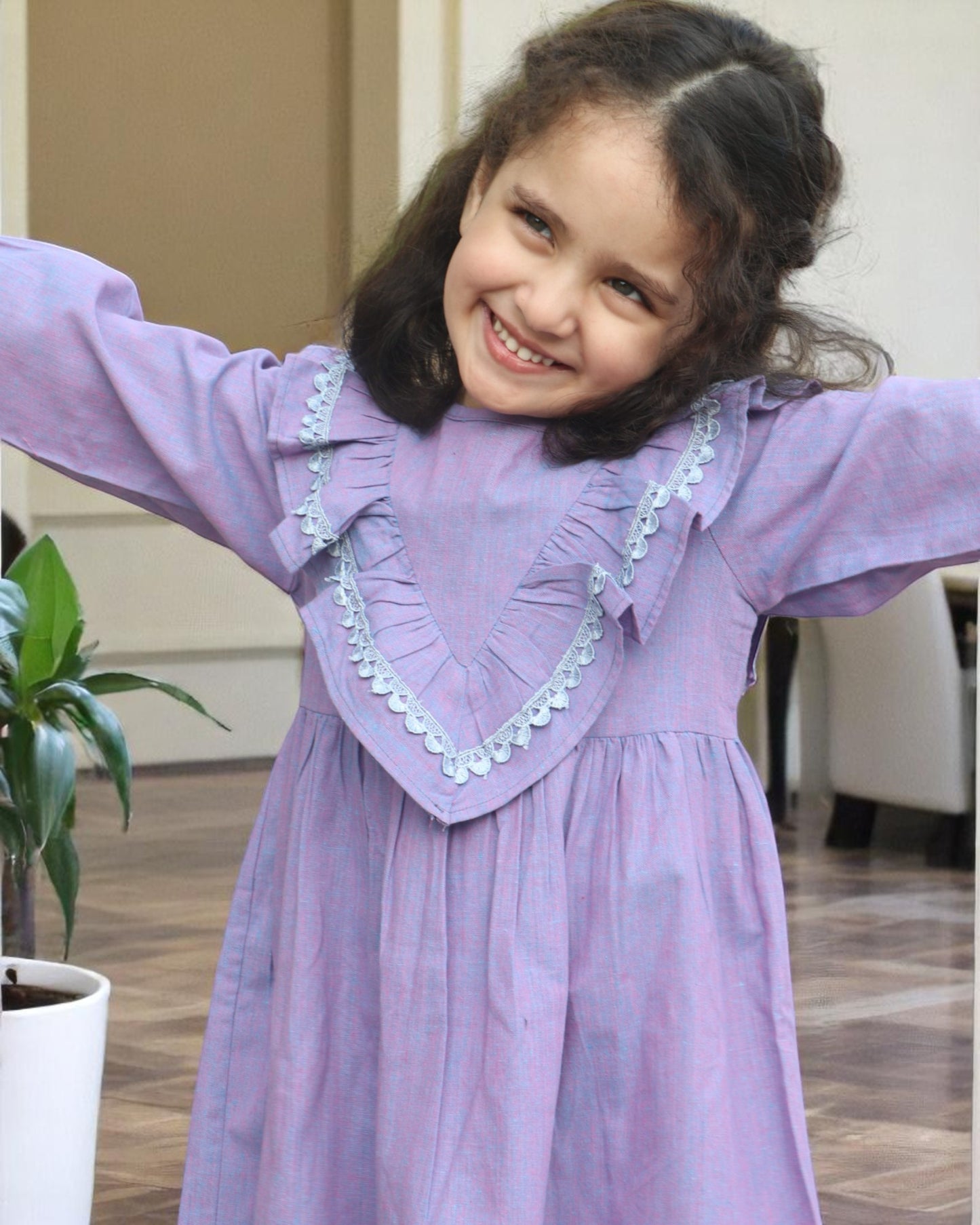 Elegant Designer Cotton Frock with Lacework & Full Sleeves – Breathable & Stylish