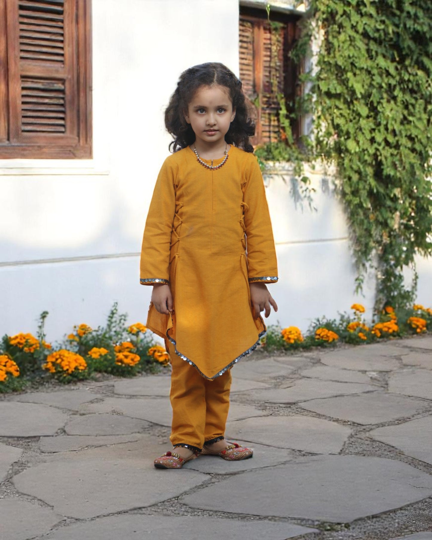 Pure Cotton Two-Piece Suit for Kids with Sequin Lace & Asymmetrical Hem