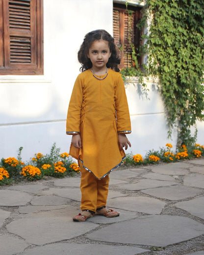 Pure Cotton Two-Piece Suit for Kids with Sequin Lace & Asymmetrical Hem
