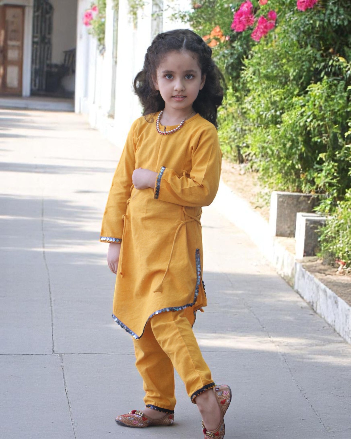 Pure Cotton Two-Piece Suit for Kids with Sequin Lace & Asymmetrical Hem