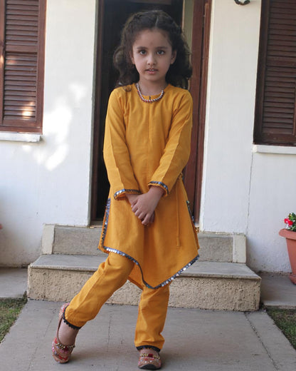 Pure Cotton Two-Piece Suit for Kids with Sequin Lace & Asymmetrical Hem