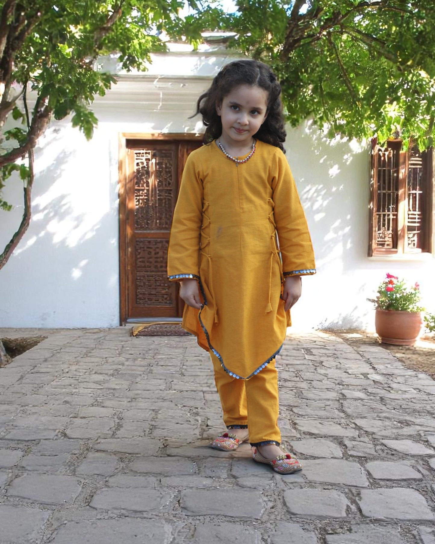 Pure Cotton Two-Piece Suit for Kids with Sequin Lace & Asymmetrical Hem