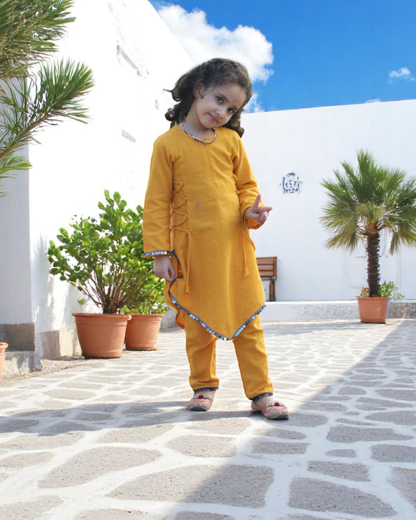 Pure Cotton Two-Piece Suit for Kids with Sequin Lace & Asymmetrical Hem