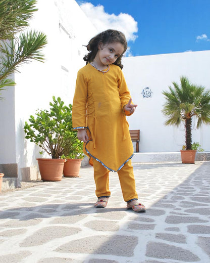 Pure Cotton Two-Piece Suit for Kids with Sequin Lace & Asymmetrical Hem