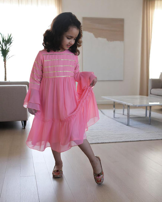 Enchanting Georgette Frock with Gota Patti Lacework & Bell Sleeves – Fully Lined for Elegance