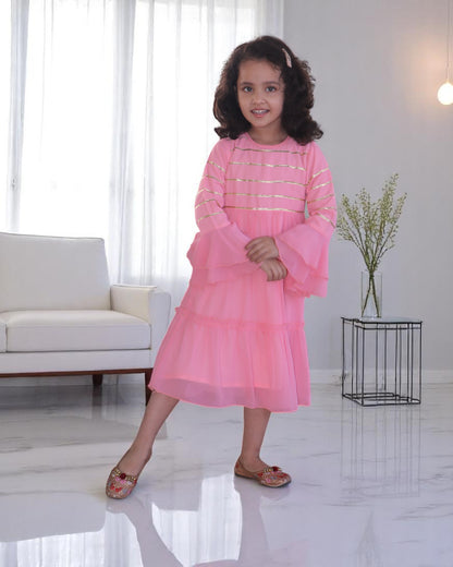 Enchanting Georgette Frock with Gota Patti Lacework & Bell Sleeves – Fully Lined for Elegance