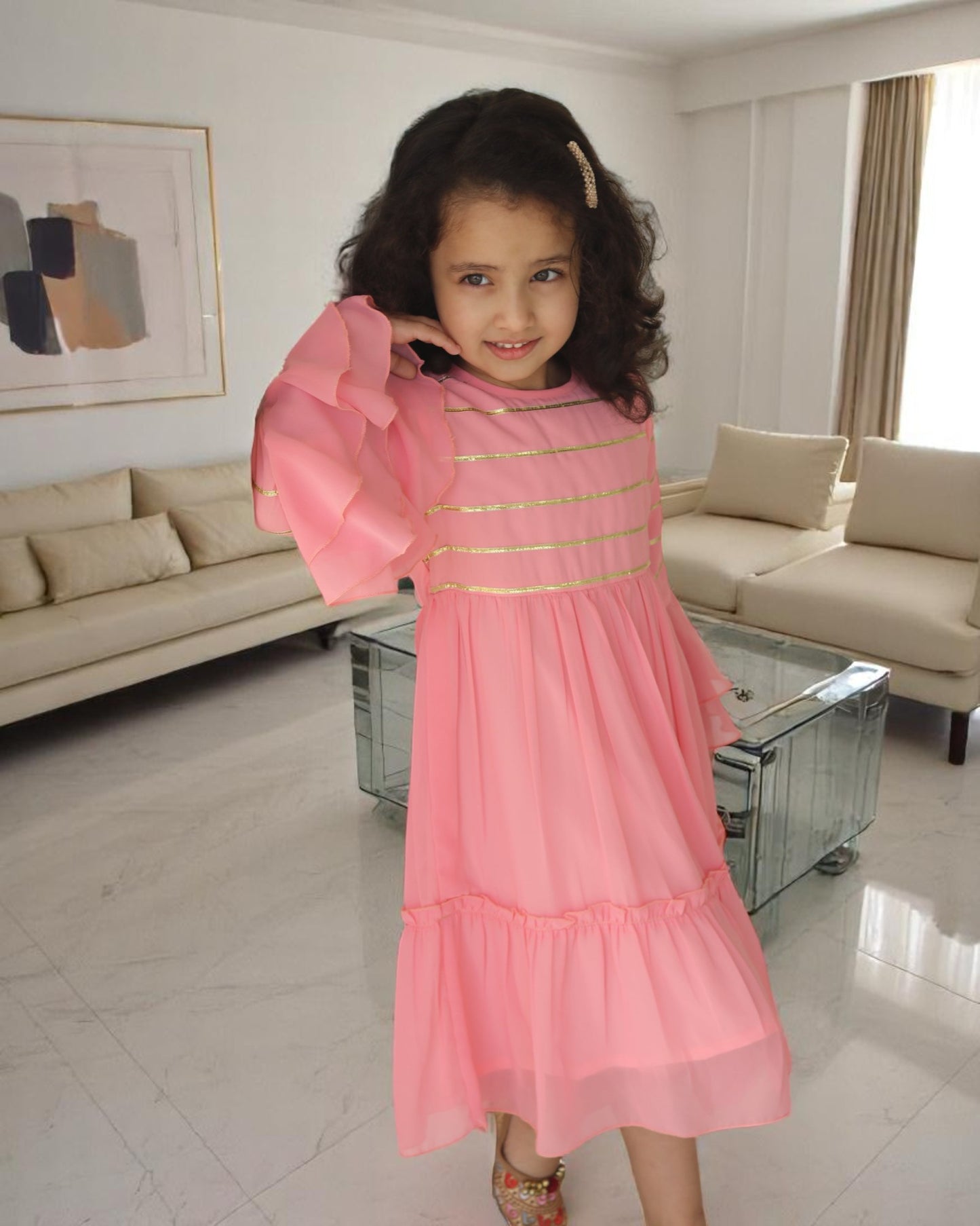 Enchanting Georgette Frock with Gota Patti Lacework & Bell Sleeves – Fully Lined for Elegance