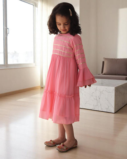 Enchanting Georgette Frock with Gota Patti Lacework & Bell Sleeves – Fully Lined for Elegance