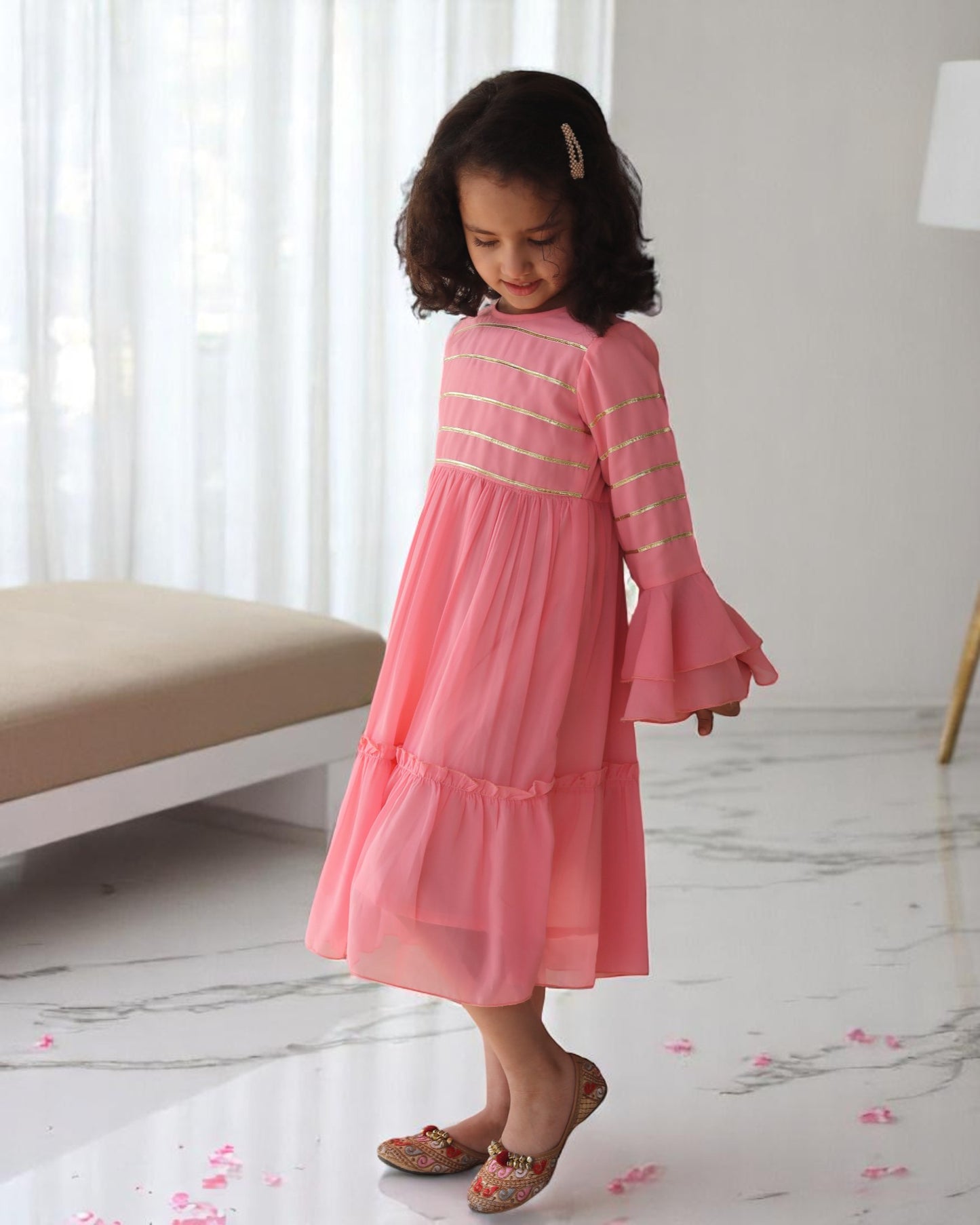 Enchanting Georgette Frock with Gota Patti Lacework & Bell Sleeves – Fully Lined for Elegance