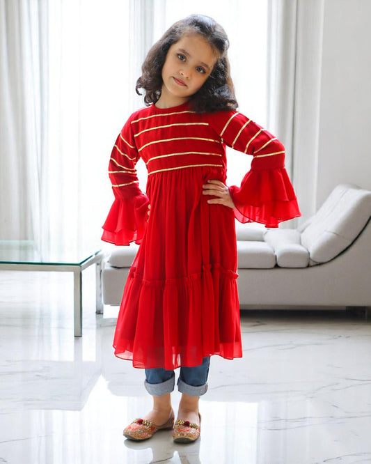 Enchanting Georgette Frock with Gota Patti Lacework & Bell Sleeves – Fully Lined for Elegance