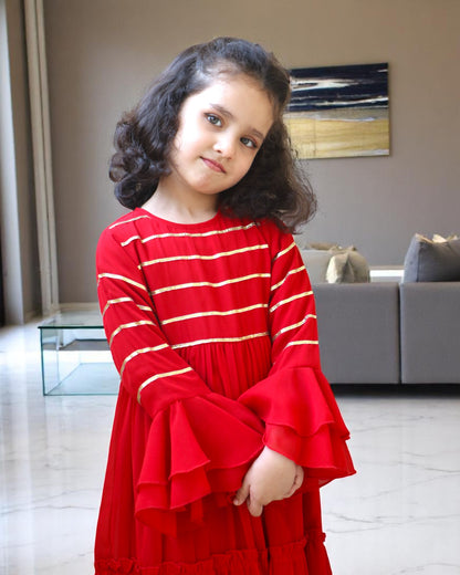 Enchanting Georgette Frock with Gota Patti Lacework & Bell Sleeves – Fully Lined for Elegance