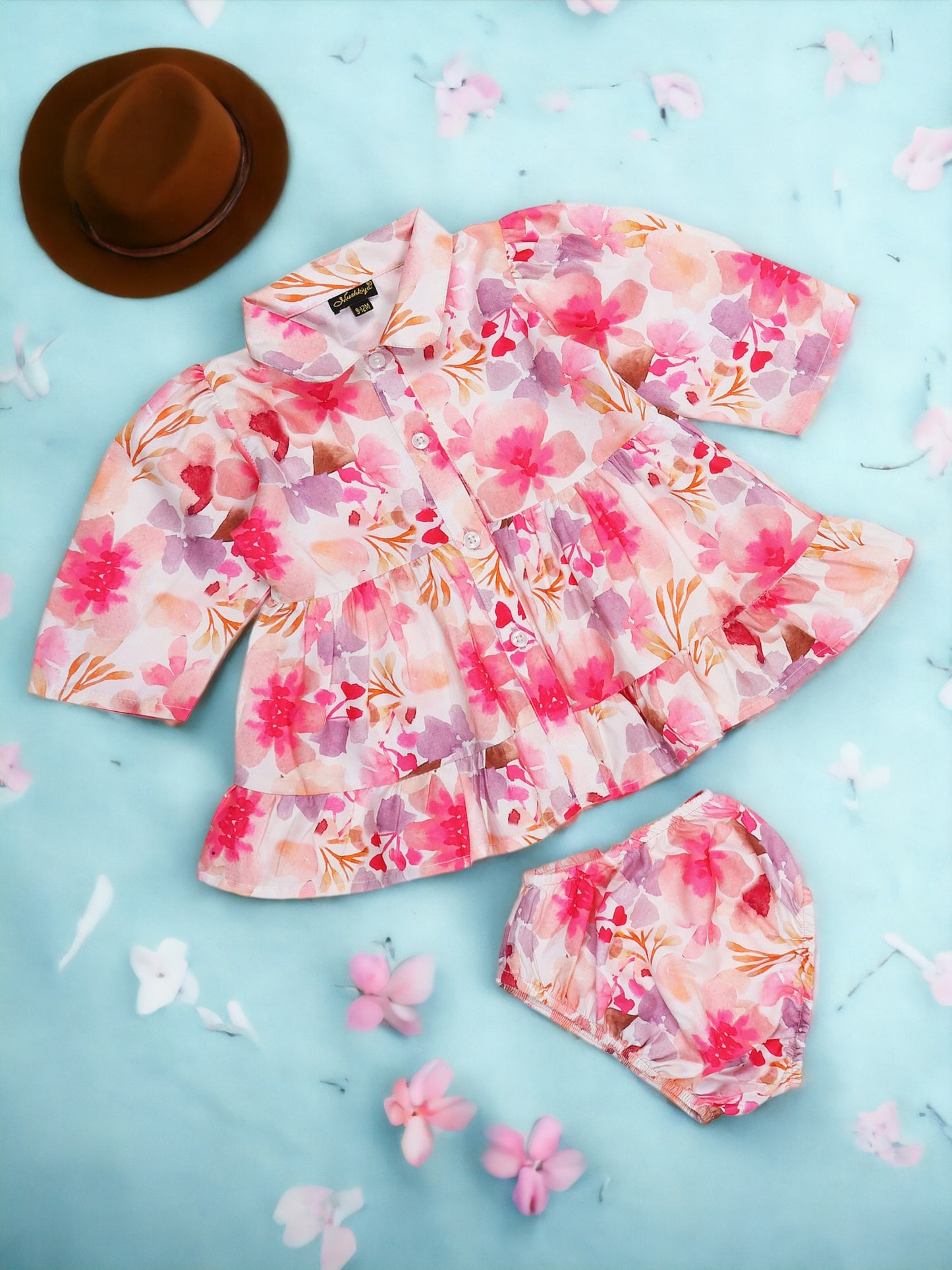 Stylish Two-Piece Set for Girls in Printed Cotton Blend Fabric