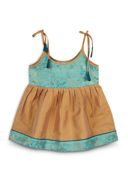 Strap Shoulder Frock for Girls in Banarasi and Taffeta Silk with Tassels