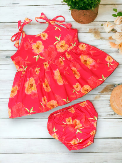 Two-Piece Girls' Set in Cotton Blend Fabric with Strappy Frock and Pantie