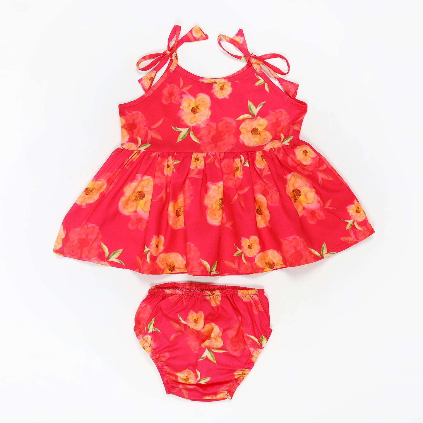 Two-Piece Girls' Set in Cotton Blend Fabric with Strappy Frock and Pantie