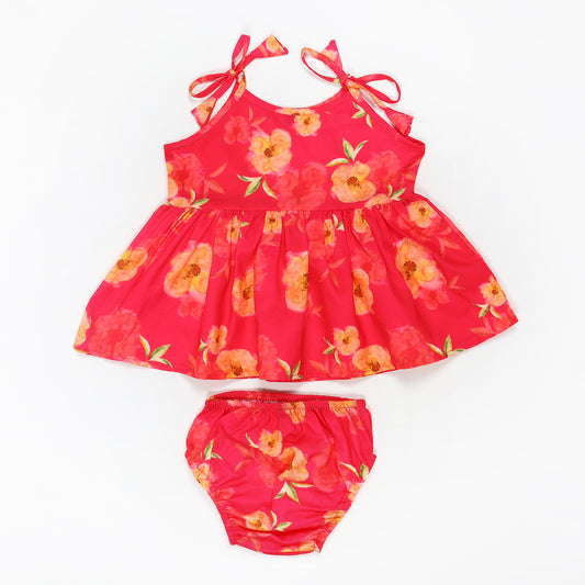 Two-Piece Girls' Set in Cotton Blend Fabric with Strappy Frock and Pantie
