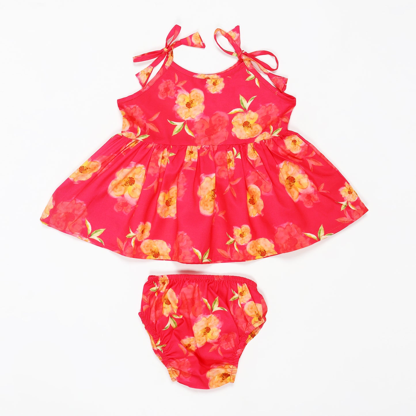 Two-Piece Girls' Set in Cotton Blend Fabric with Strappy Frock and Pantie