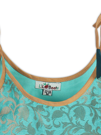 Strap Shoulder Frock for Girls in Banarasi and Taffeta Silk with Tassels