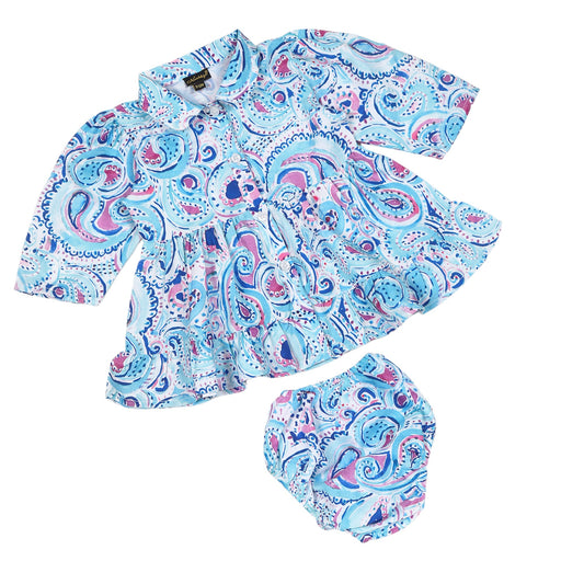 Two-Piece Girls' Set in Printed Cotton Blend Fabric with Gathered Waistline