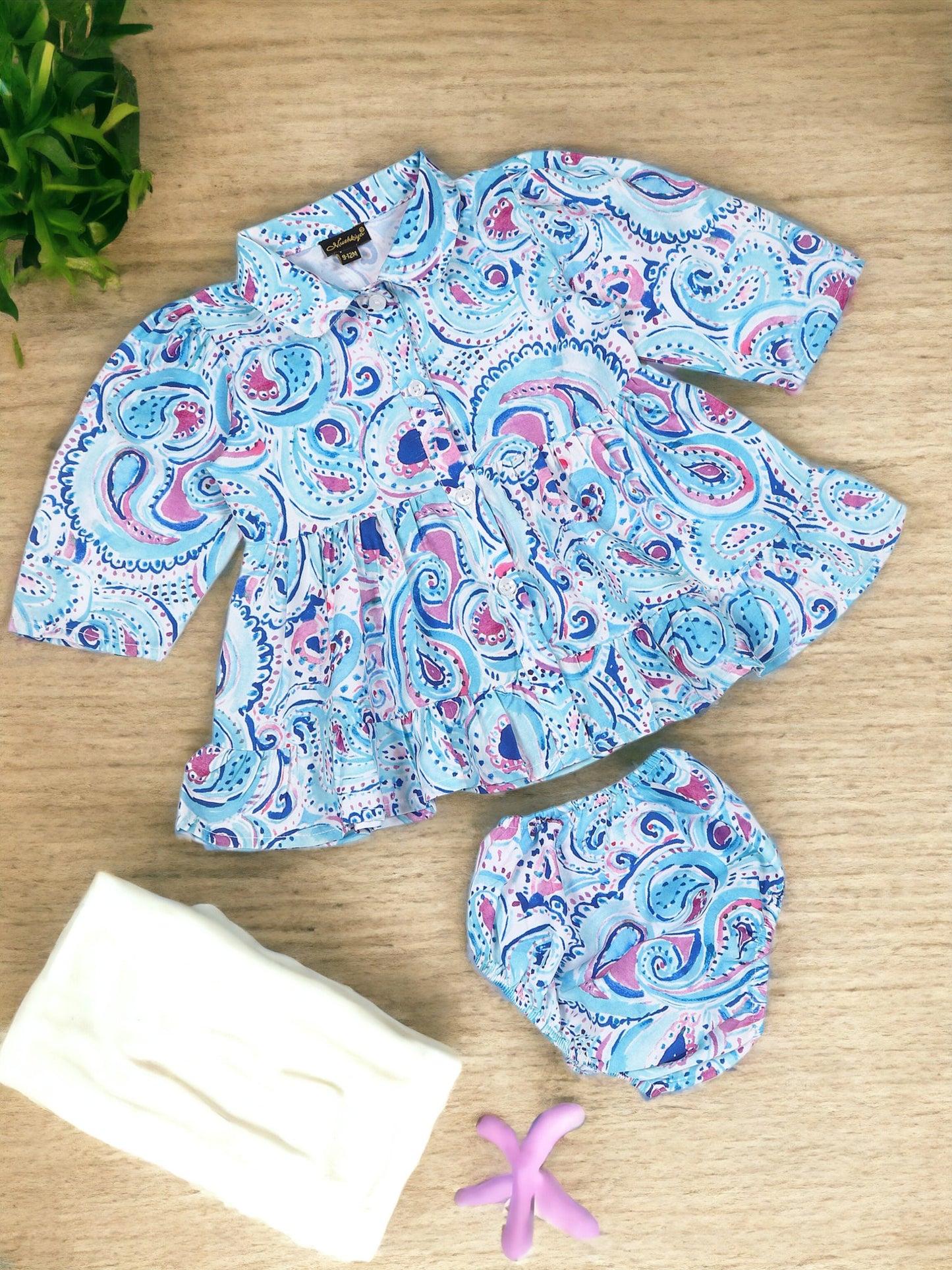 Two-Piece Girls' Set in Printed Cotton Blend Fabric with Gathered Waistline