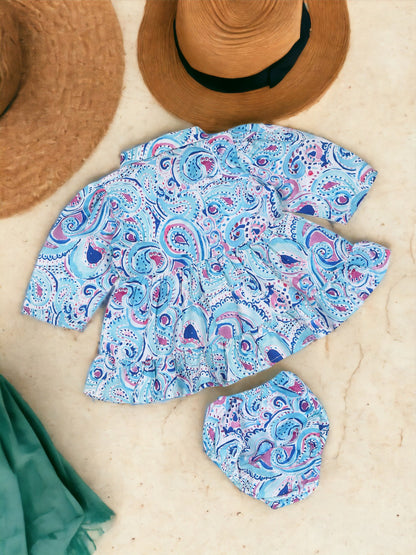 Two-Piece Girls' Set in Printed Cotton Blend Fabric with Gathered Waistline