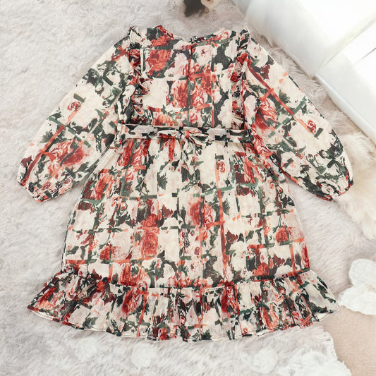 Girls' Chiffon Frock with Ruffled Yoke and Elasticated Sleeves