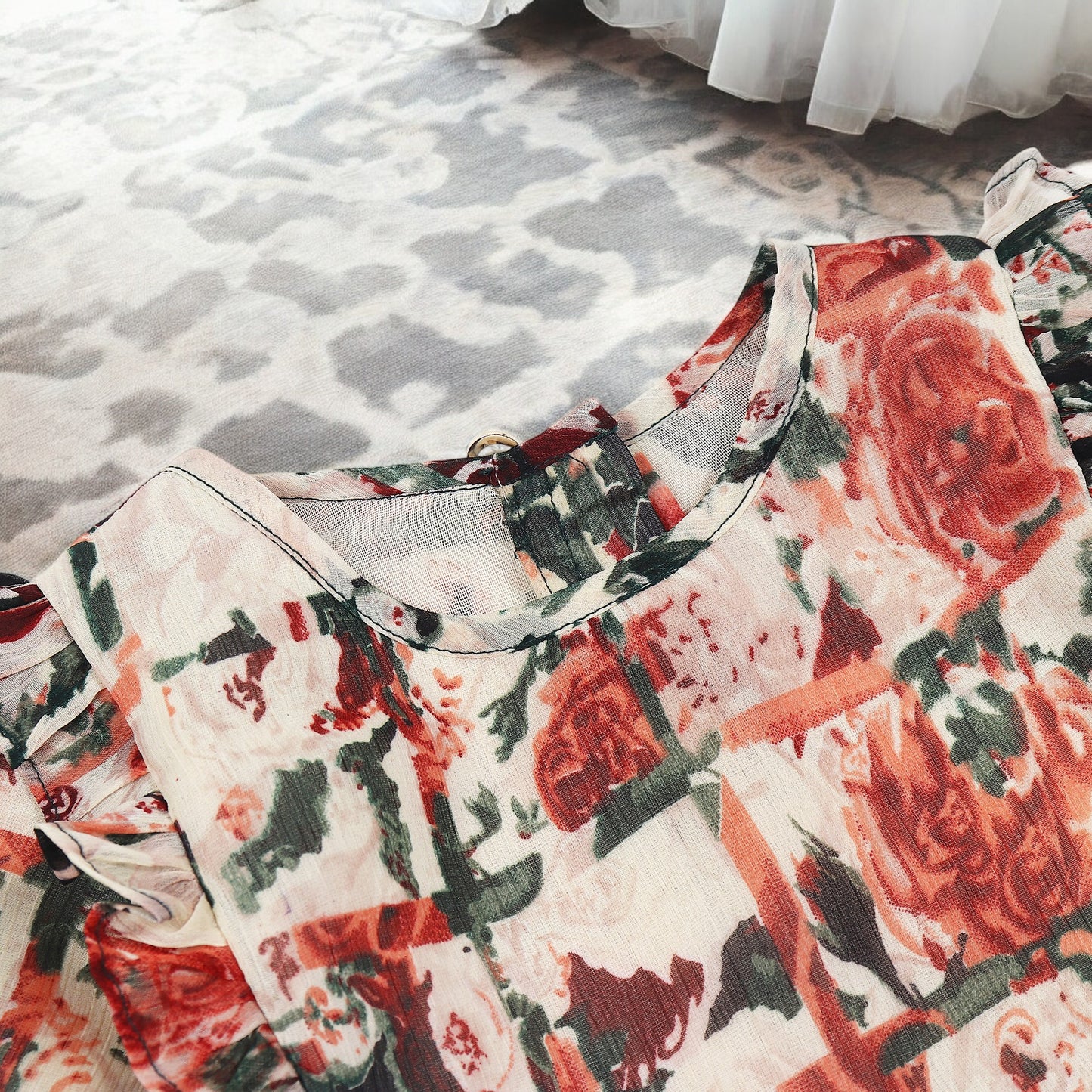 Girls' Chiffon Frock with Ruffled Yoke and Elasticated Sleeves