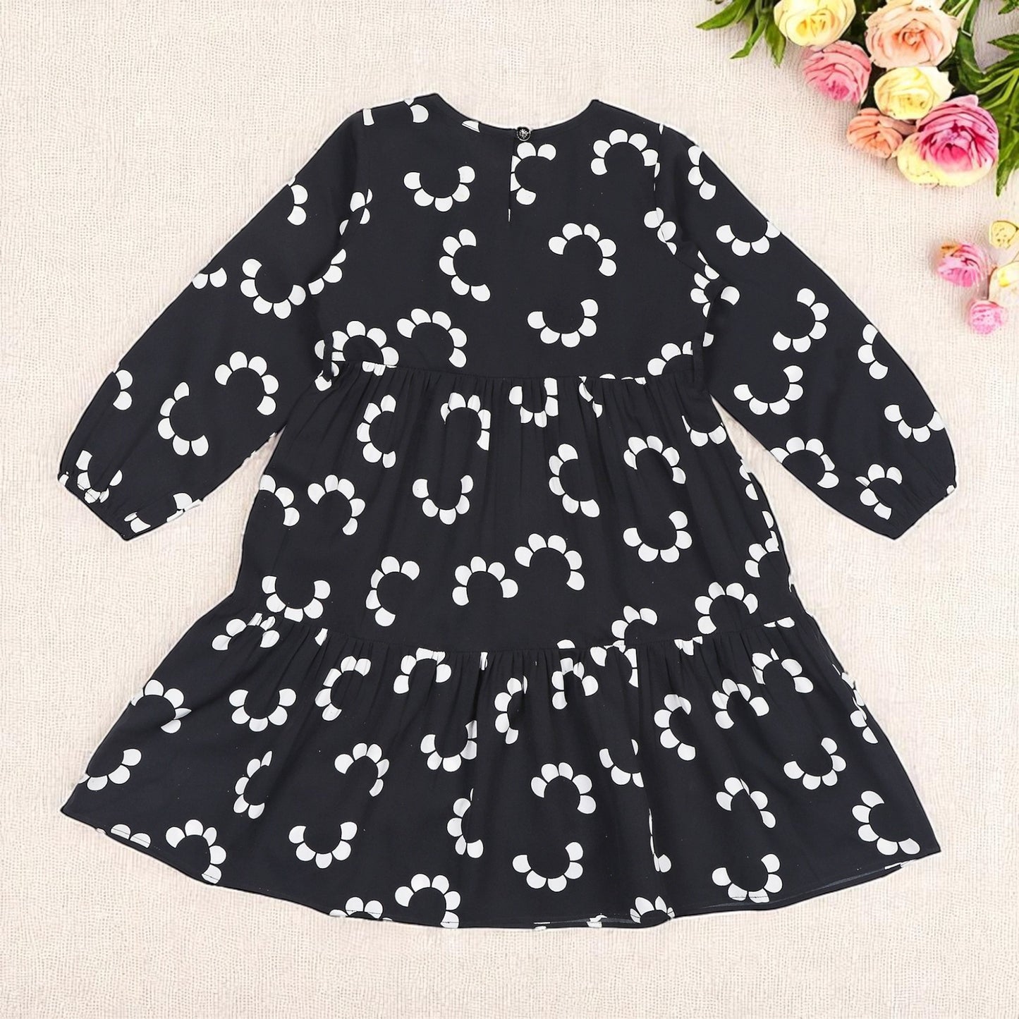 Multi-Layered Girls' Frock in Crepe Fabric with Keyhole Neck
