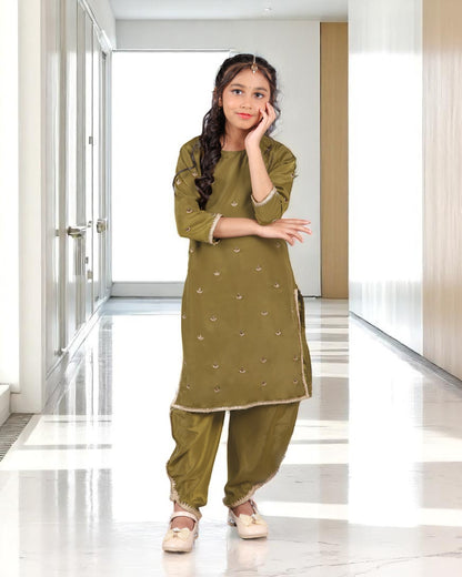 Tito Patito Girls’ Ethnic 3-Piece Tulip Pant Suit – French Crepe, Handwork & Lace
