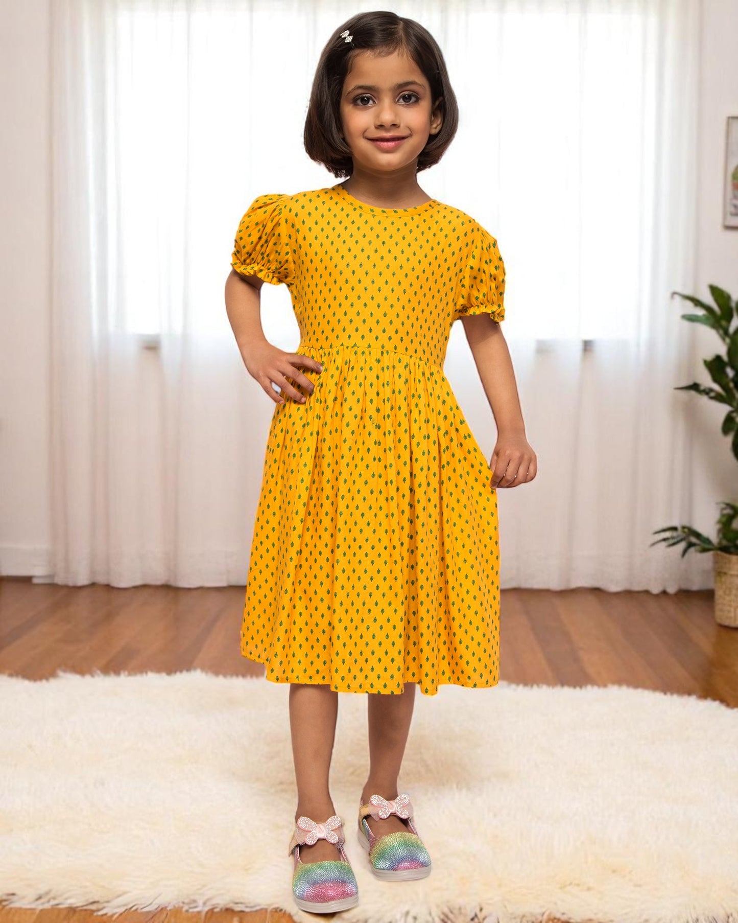 Breezy Elegance: Printed Rayon Frock with Elasticated Sleeves