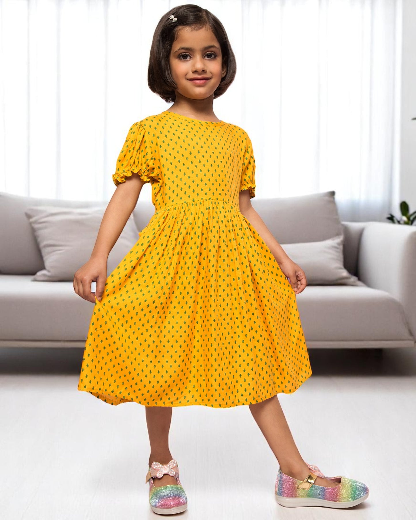 Breezy Elegance: Printed Rayon Frock with Elasticated Sleeves